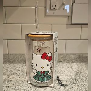 🎄 Hello Kitty Christmas Tree Glass Tumbler Bamboo Lid Glass Straw NWT.